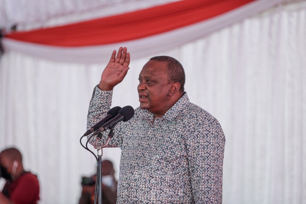 Former President Hon Uhuru Kenyatta gestures as he addresses a political gathering during sagana 3 meeting days before 2022 general election